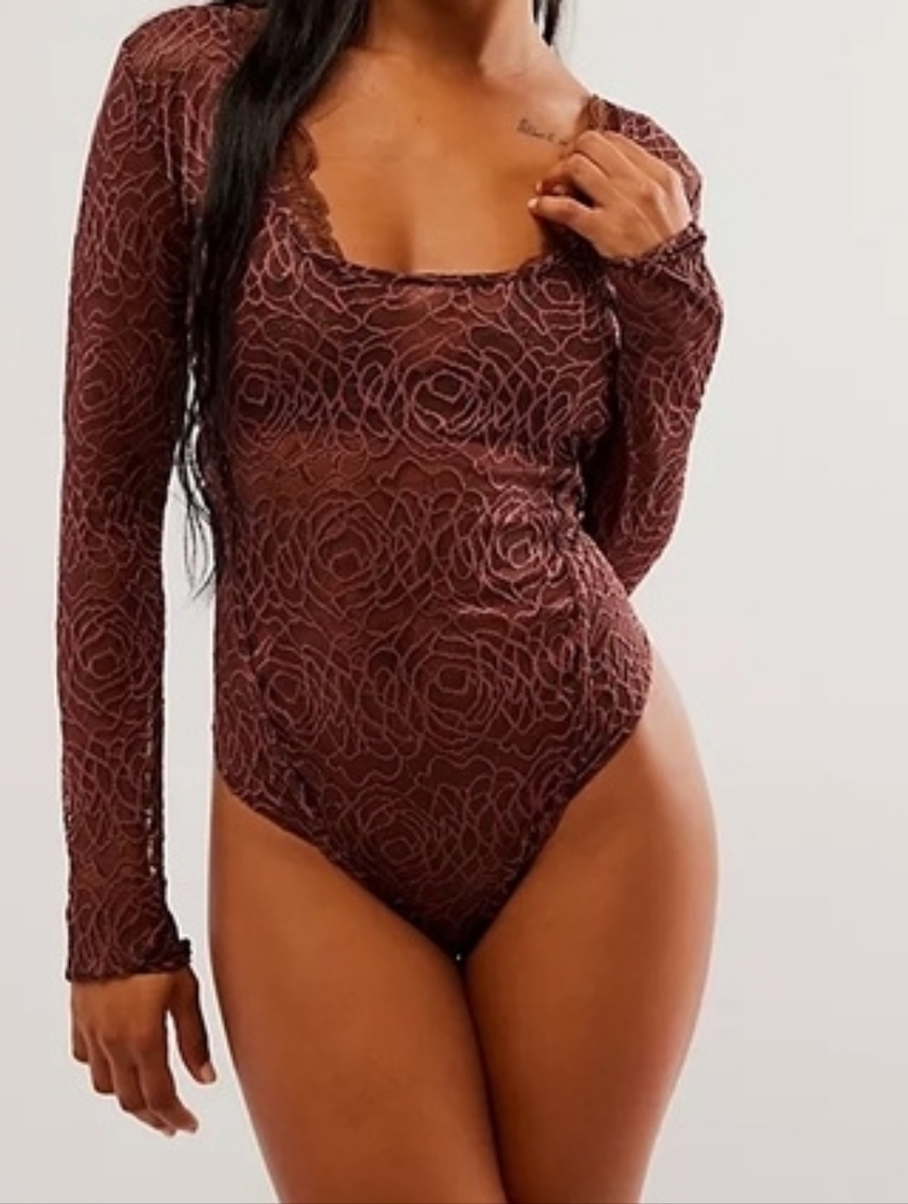L • Intimately Free People • In My Head Long-Sleeve Lace Bodysuit in Brown